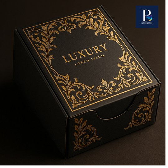 Elegant black apparel box with gold foil logo
