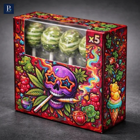 Custom printed CBD lollipop box showing product details and branding
