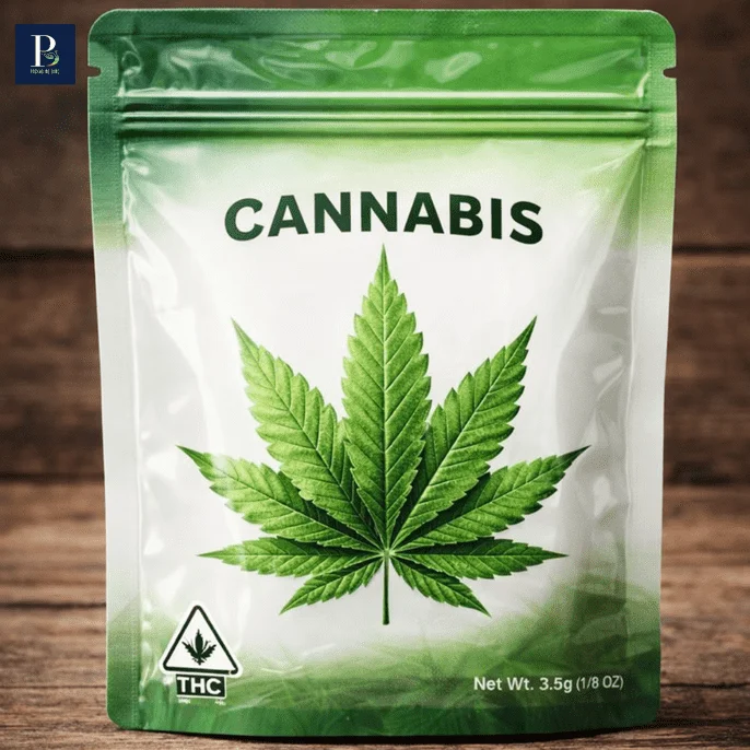 Branded marijuana packaging with custom graphics and labels