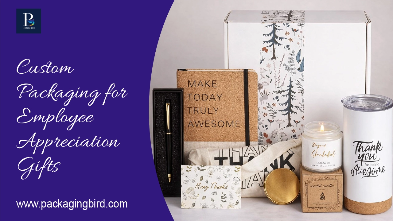 Custom packaging for employee appreciation gifts with branded boxes